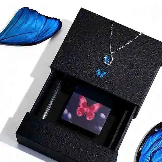 Handmade Real Morpho Butterfly Wing Necklace Sterling Silver Wheat Wreath Pendant with White Zirconia and Waterproof Resin Coating Butterfly Aur