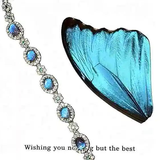 Classic Sophisticated Handmade Real Butterfly Wing Beaded Bracelet Sterling Silver with Five Morpho Wing Beads and White Green Zirconia Waterproof Resin Coated Butterfly Aura