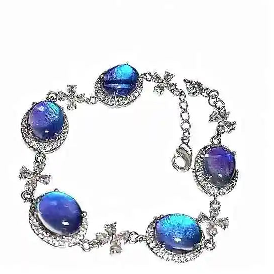Handmade Real Butterfly Wing Beaded Bracelet Sterling Silver with Five Morpho Wing Beads and Four-Leaf Clover Crystal Waterproof Resin Coated Butterfly Aura