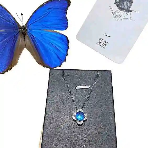 Lucky Handmade Real Morpho Butterfly Wing Necklace Sterling Silver Four-Leaf Clover Pendant with White Zirconia and Waterproof Resin Coating Butterfly Aura
