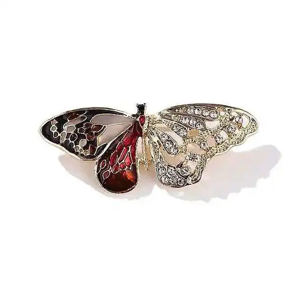 Butterfly Aura tarnish-resistant vintage silver butterfly brooch with red enamel left wing white zircon right wing and red center