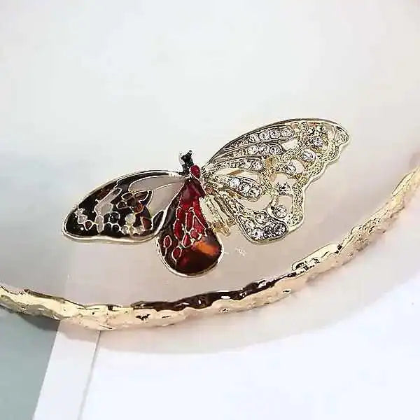Butterfly Aura tarnish-resistant vintage silver butterfly brooch with red enamel left wing white zircon right wing and red center