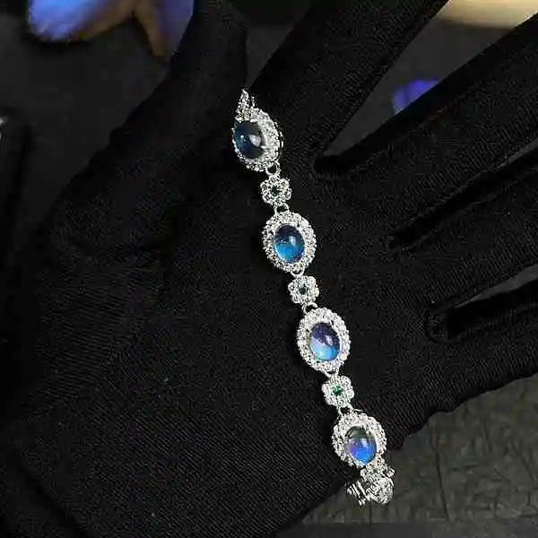 Classic Sophisticated Handmade Real Butterfly Wing Beaded Bracelet Sterling Silver with Five Morpho Wing Beads and White Green Zirconia Waterproof Resin Coated Butterfly Aura