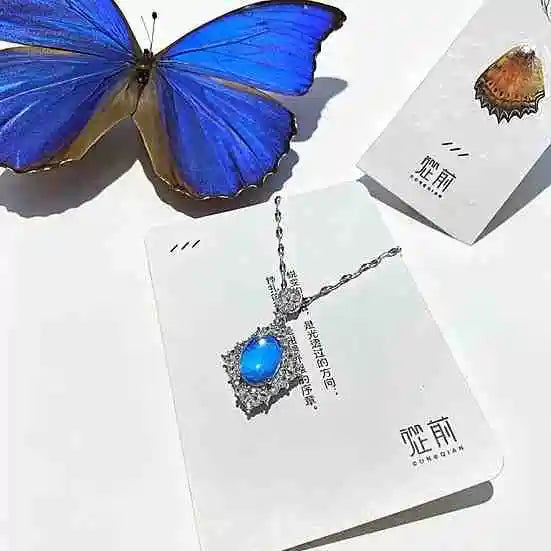 Elegant Handmade Real Morpho Butterfly Wing Necklace Sterling Silver Diamond-Shaped Pendant with White Zirconia and Waterproof Resin Coating Butterfly Aura