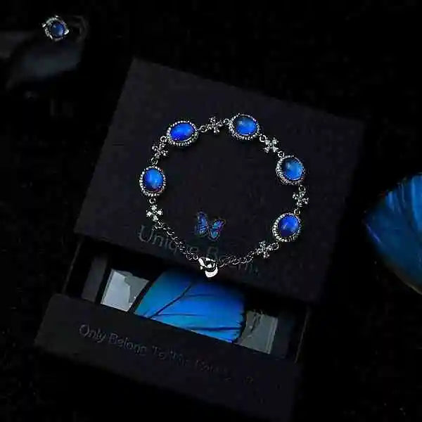 Handmade Real Butterfly Wing Beaded Bracelet Sterling Silver with Five Morpho Wing Beads and Four-Leaf Clover Crystal Waterproof Resin Coated Butterfly Aura