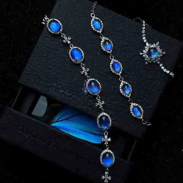 Handmade Real Butterfly Wing Beaded Bracelet Sterling Silver with Five Morpho Wing Beads and Four-Leaf Clover Crystal Waterproof Resin Coated Butterfly Aura