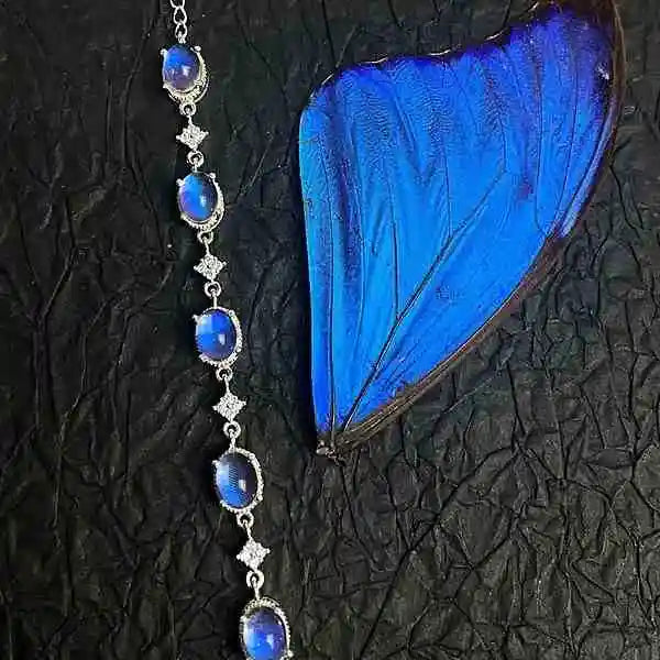 Handmade Real Butterfly Wing Beaded Bracelet Sterling Silver with Four Morpho Wing Beads and White Zirconia Waterproof Resin Coated Butterfly Aura