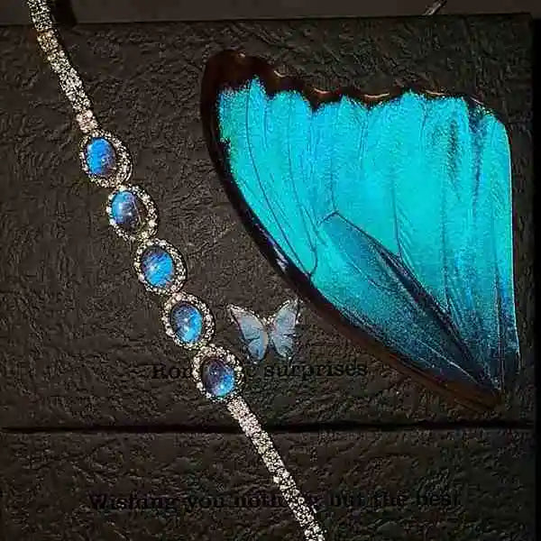 Lavish Handmade Real Butterfly Wing Pavé Link Bracelet Sterling Silver with Four Morpho Wing Beads and Full Zirconia Setting Waterproof Resin Coated Butterfly Aura