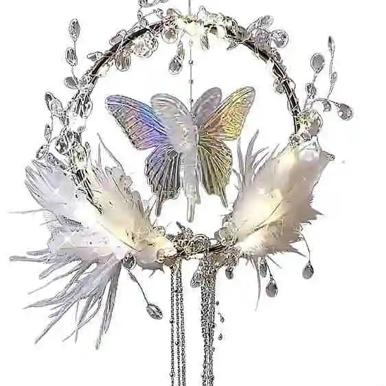 a diy feather butterfly wreath with a glowing centerpiece and soft accents for romantic home decor by Butterfly Aura