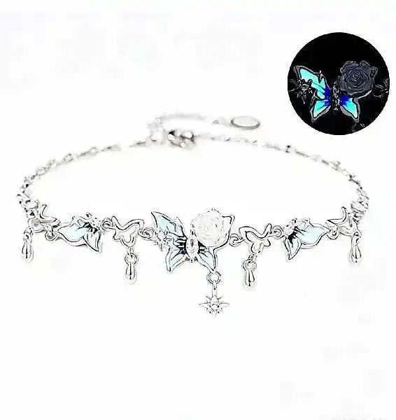 silver bracelet with a glowing enamel butterfly zircon accents and a tiny pearl charm for everyday wear by Butterfly Aura