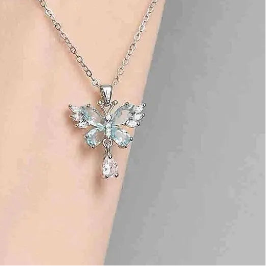 silver butterfly necklace set with lake blue and white CZ for everyday romance by Butterfly Aura