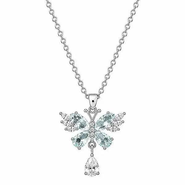 silver butterfly necklace set with lake blue and white CZ for everyday romance by Butterfly Aura